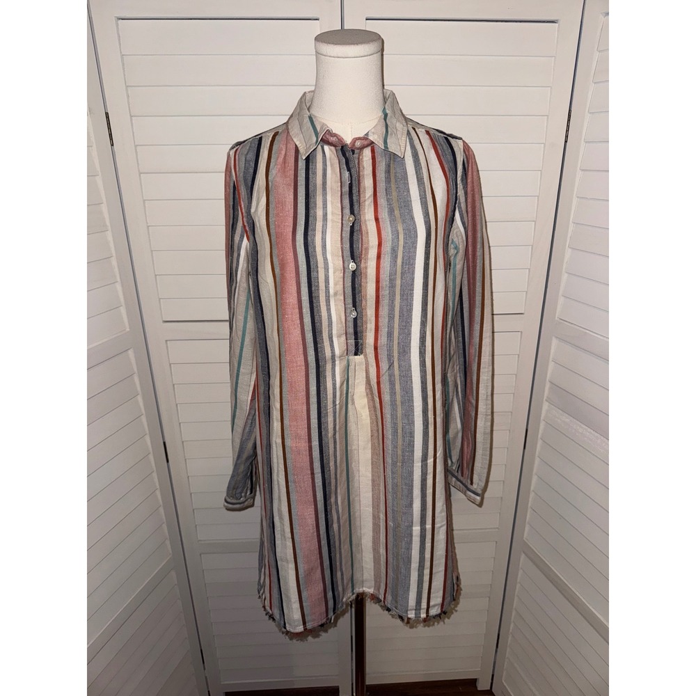 Lilla P Multi Stripe Button Front Long Sleeve Tunic Dress Fringe Hem Medium - Picture 2 of 7